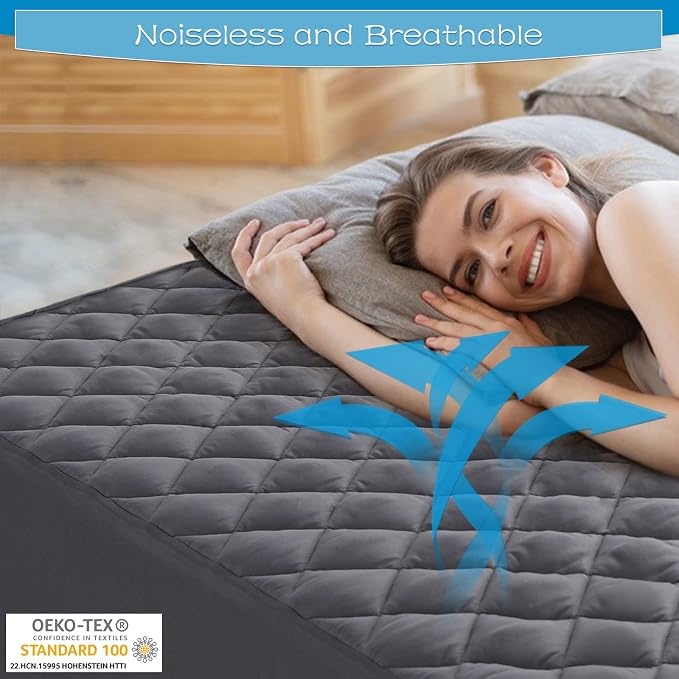 GRT Twin XL Size Grey Quilted Fitted Mattress Pad, 100% Waterproof Breathable - Image 3