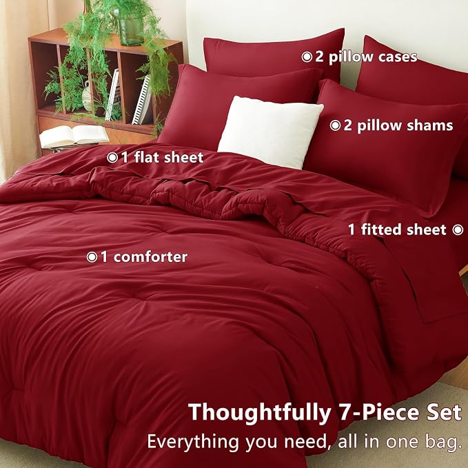 CozyLux King Size Comforter Set Dark Red, 7 Pieces Bed in a Bag King Comforter - Image 6