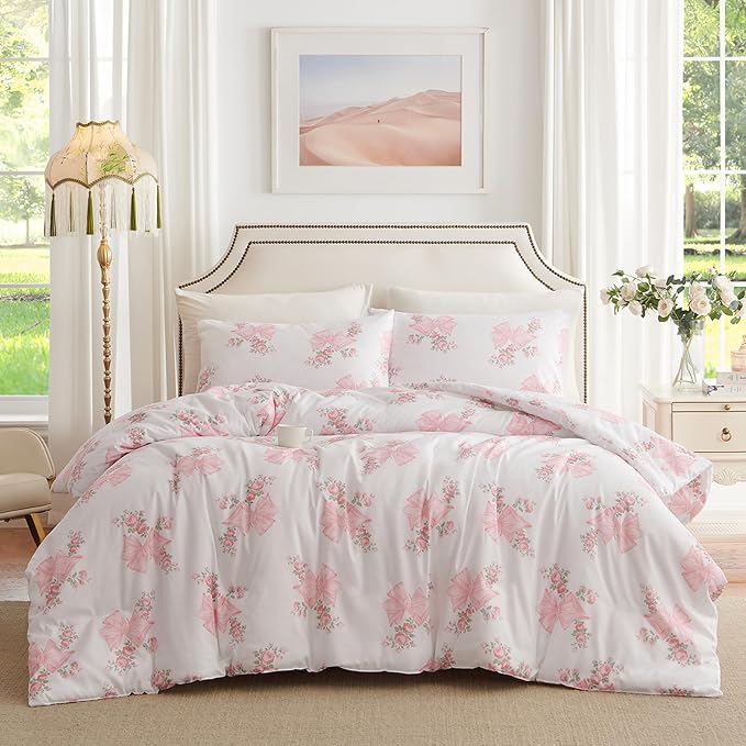 Nayoroom Pink Bow Duvet Cover Queen Size Coquette Pink Floral Duvet Cover 3 - Image 7