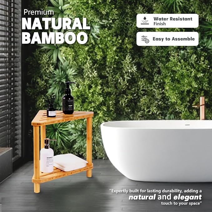 Bamboo 2-Tier Corner Shower Organizer, Waterproof Standing Shower Caddy Storage - Image 4