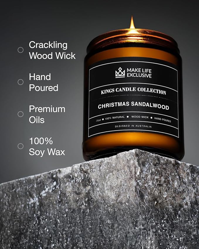 Scented Candles for Men | Christmas Sandalwood | Wooden Wick, Long Lasting - Image 3