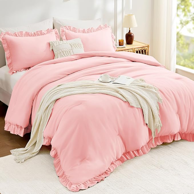 FUANNA King Size Comforter Set Pink, 3 Pieces Ruffle King Bedding Set, Fluffy - Image 2