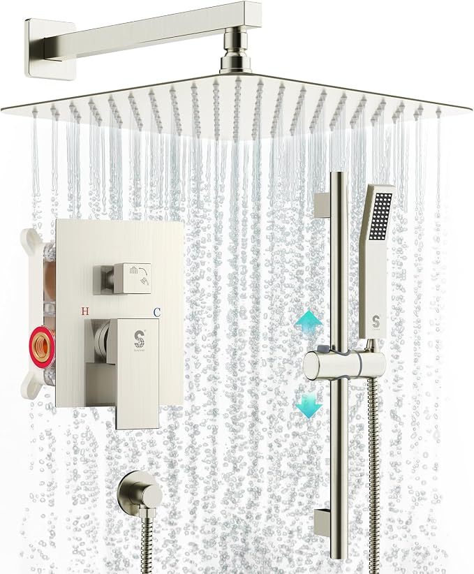 SR SUN RISE Shower System with 10" Rain Showerhead, Square Handheld Showerwith by SRSUNRISE