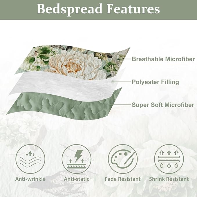 WONGS BEDDING Floral Quilt Set Queen, Sage Green 3 Pieces Elegant Flower - Image 6