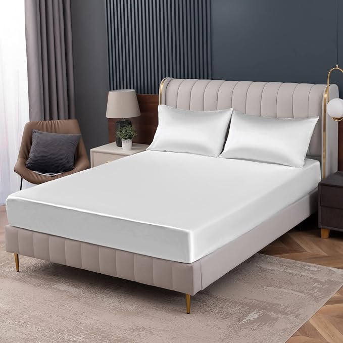 Homiest White Satin Fitted Sheet King Size, Deep Pocket, Luxury & Ultra Soft by Homiest
