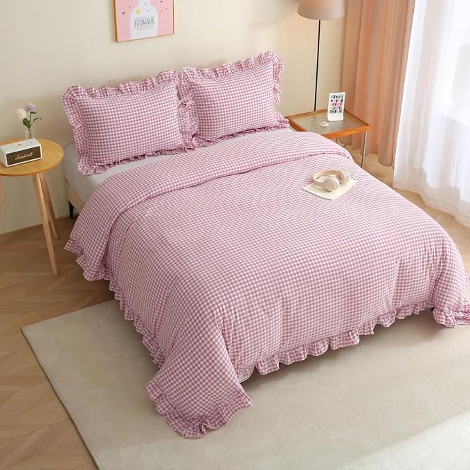 Silnuo Vintage Pink/White Plaid Ruffle 3-Piece Duvet Cover Set Twin Size - Image 7