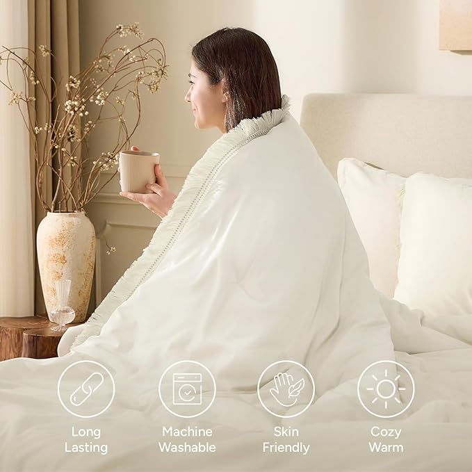 Andency Queen Comforter Set Ivory, 3 Pieces Boho Ivory Tassel Lightweight - Image 4