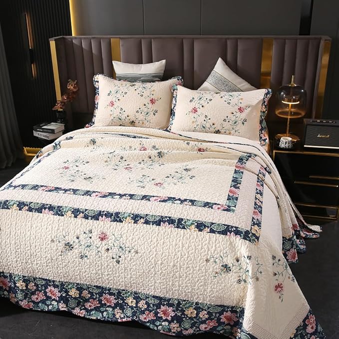 Quilt Set Floral Leaves 3D Embroidery Pattern 3 PCS Cotton Reversible Quilted - Image 5