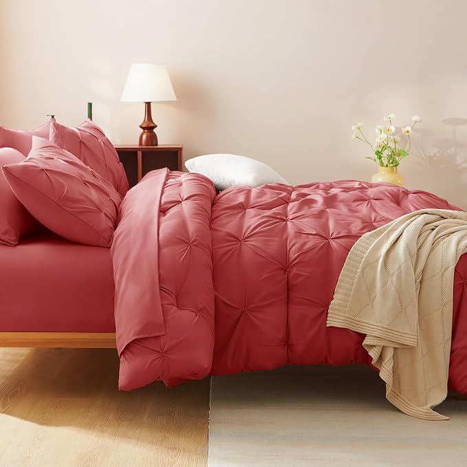 CozyLux King Size Comforter Set Coral, 7 Pieces Pintuck Bed in A Bag Coral - Image 8