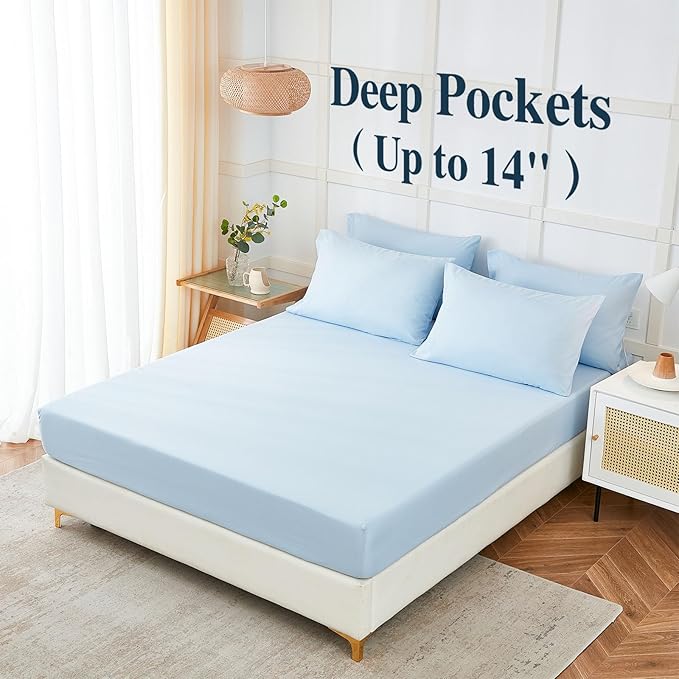 ILAVANDE King Size 6 Piece Bed Sheets Set, Baby Blue - Image 3