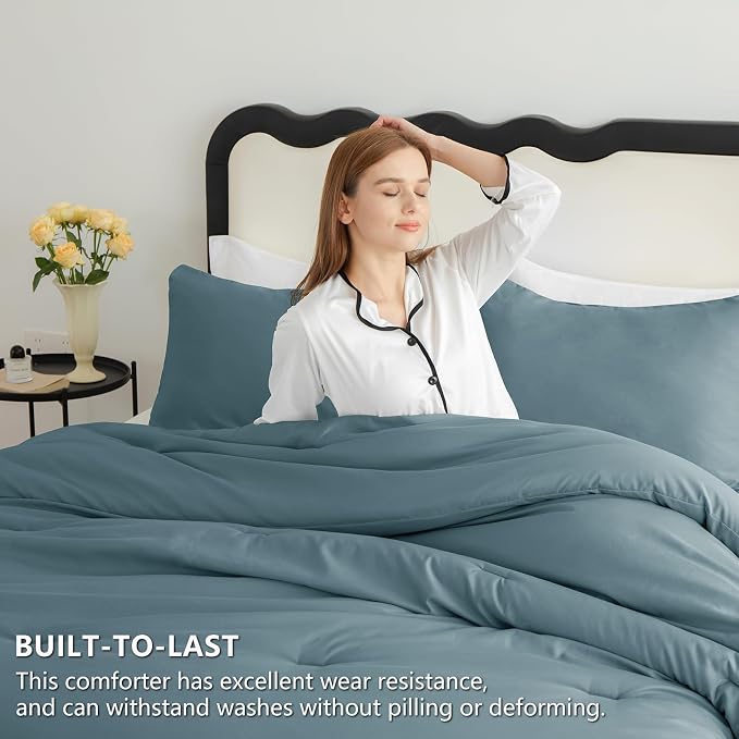 CozyLux Queen Comforter Set Mineral Blue, 3 Pieces Solid Comforters Queen Size - Image 3