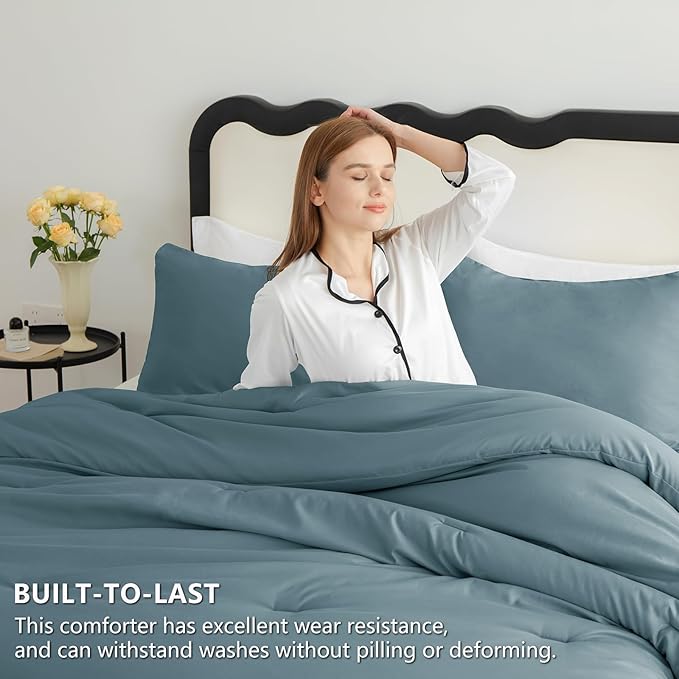 CozyLux King Size Comforter Set Mineral Blue, 3 Pieces Solid Comforters King - Image 3