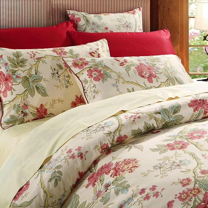 mixinni Red Floral Duvet Cover Queen Green Leaves Pattern Bedding Duvet Cover - Image 3