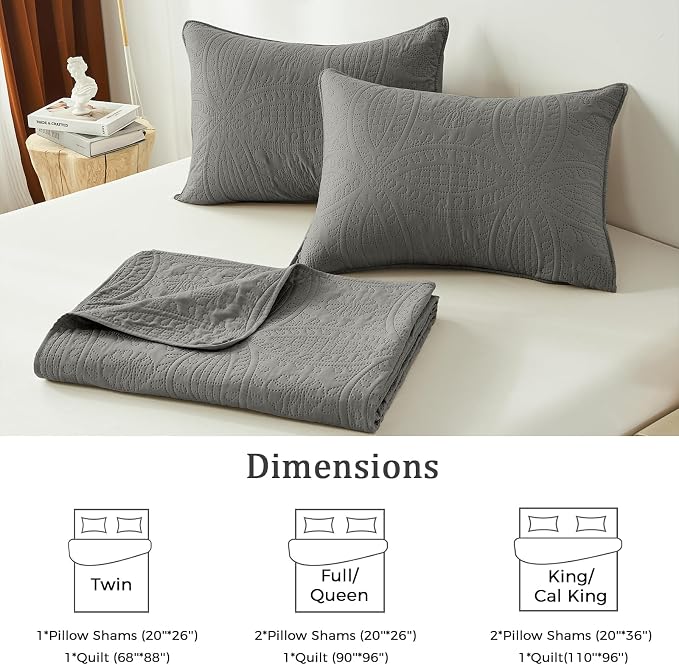 akkialla Dark Grey King/Cal King Quilt Set, Ultrasonic Lightweight Bedspread - Image 6