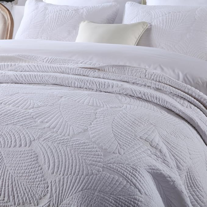 ROOMLIFE King Quilt Set Palm Leaves Pattern 3 PCS 100% Cotton Soft Breathable - Image 8