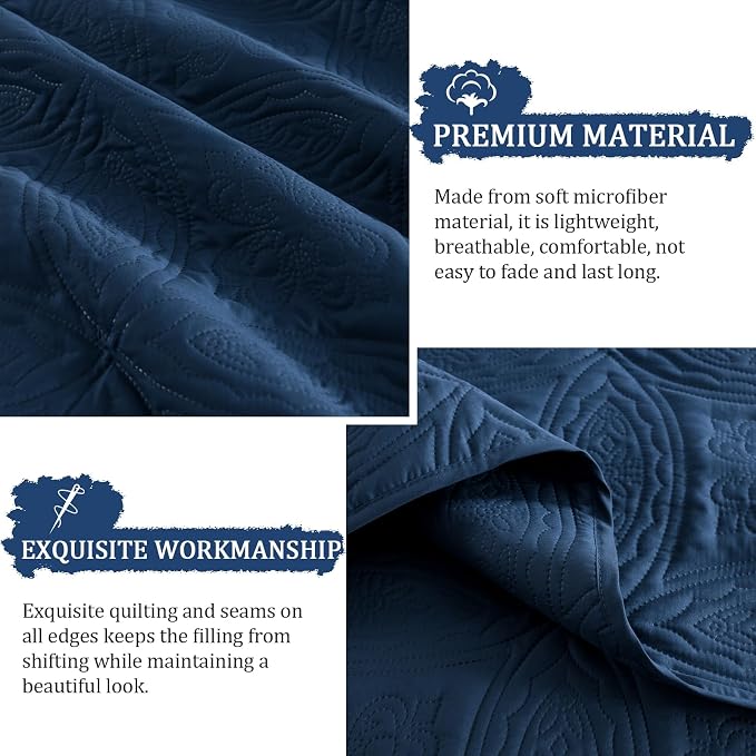 Yiran Navy Blue Quilt Set Queen Size Lightweight Bedspread Embossed Pattern - Image 6