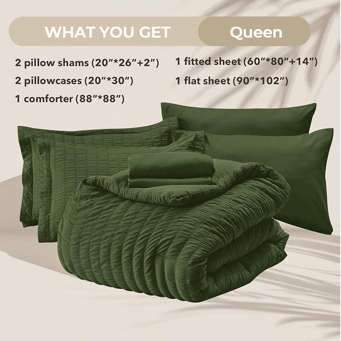 HYMOKEGE Olive Green Queen Comforter Set Seersucker 7 Pieces, All Season Luxury - Image 5
