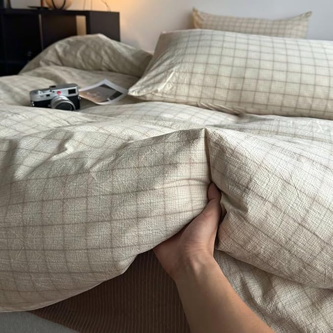 PinkMemory Beige Gingham Duvet Cover Bedding Queen 100% Washed Cotton Vintage - Image 5