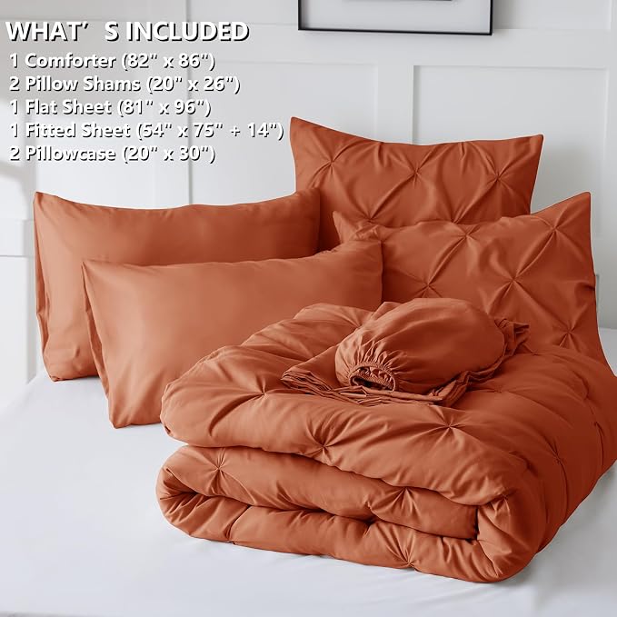 CozyLux Full Size Comforter Sets Burnt Orange, 7 Pieces Pintuck Bed in A Bag - Image 7