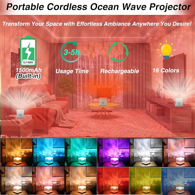 Ocean Wave Projector Light Cordless – Built-in Rechargeable Battery Water - Image 2