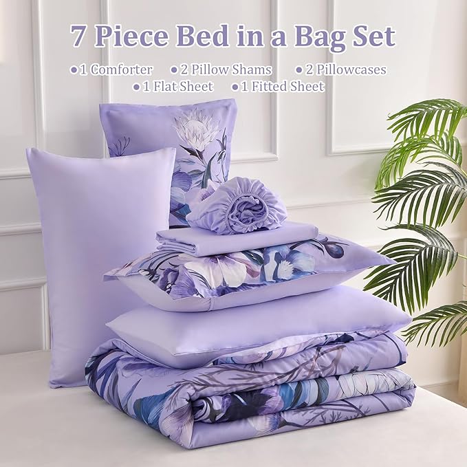 Luxudecor Lavender Purple Floral Comforter Set Queen Size 7 Piece, Flower Bed - Image 7