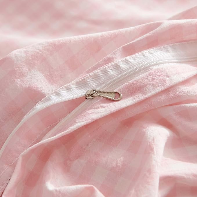 Nayoroom Gingham Duvet Cover Queen Size 100% Washed Cotton Pink Plaid Checkered - Image 7