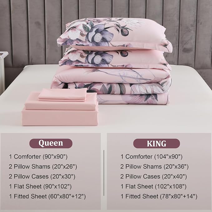Luxudecor Floral Comforter Set King Size 7 Piece, Blush Pink Flower Bed in a Bag - Image 7