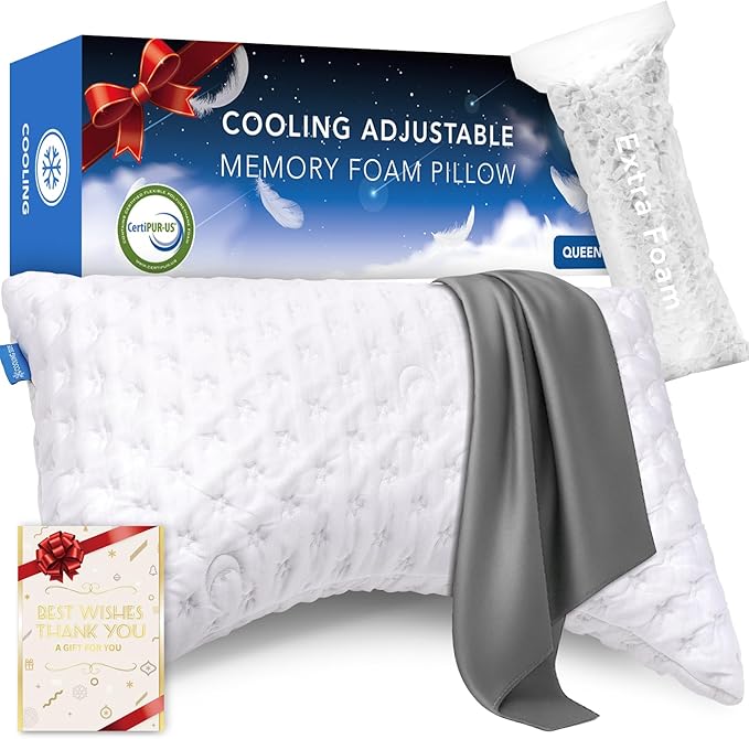 Cooling Side Sleeper Pillow for Neck and Shoulder Pain, Luxury Shredded Memory by Kucey