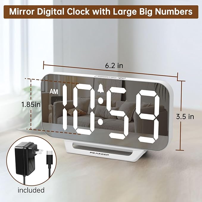 Peakeep Slim Digital Mirror Aesthetic Alarm Clock - Image 2