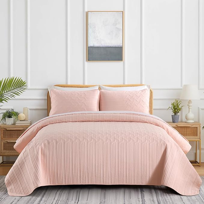 Yiran Blush Pink Quilt Set Queen Size, 3 Piece Reversible Bedspreads Bedding Set - Image 2