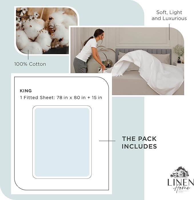Linen Home 100% Cotton Percale Weave Fitted Sheet, King Size, 1 Deep Pocket - Image 5