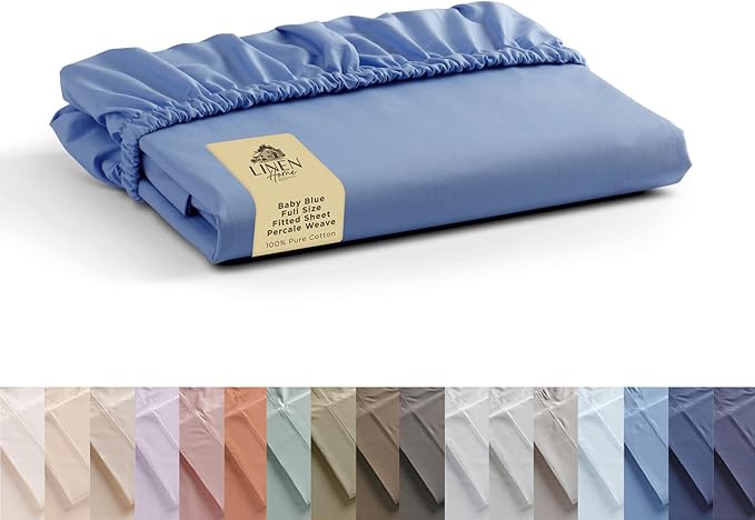 Linen Home 100% Cotton Percale Weave Fitted Sheet Full Size Only, Baby Blue by LINENHOME