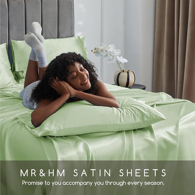MR&HM Satin Bed Sheets with Elastic Corner Straps, Queen Size Sheets Set - Image 5