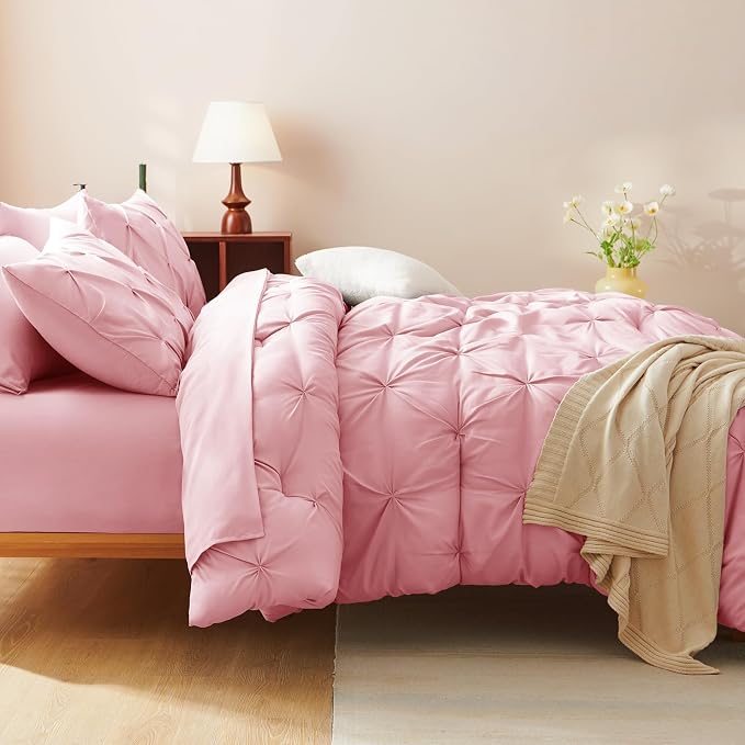 HIMEET Pintuck Bed in a Bag, 5 Pieces Twin XL Comforter Set Pink, Extra Long - Image 9