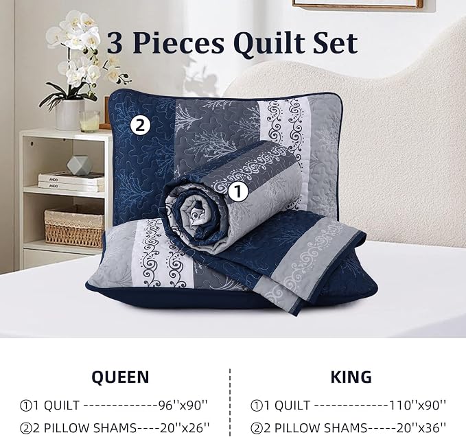 DJY Stripe Quilt Set King Size Navy Blue Bedspread Coverlet Set 3 Pieces Boho - Image 8