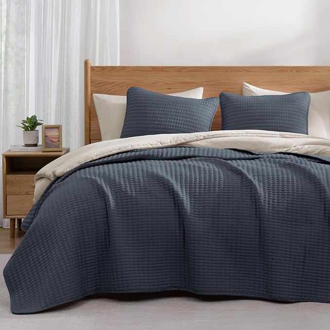 WRENSONGE King Size Quilt-3 Pieces Lightweight Blue Grey Bedspreads King Quilt by WRENSONGE