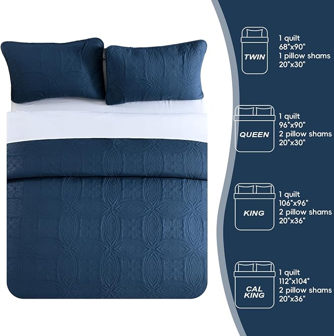 Yiran Navy Blue Quilt Set Queen Size Lightweight Bedspread Embossed Pattern - Image 7