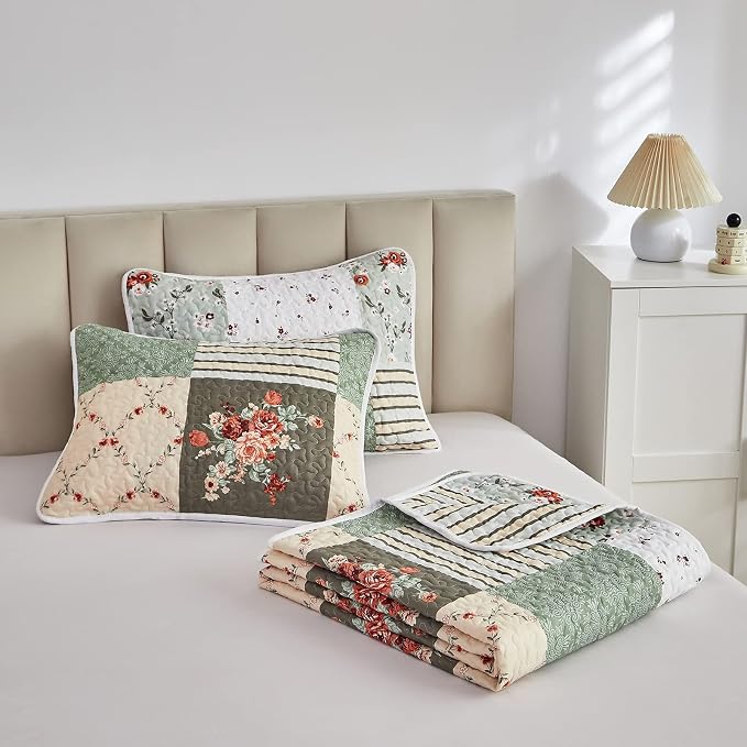Patchwork Quilt Set California King Size, 3 Pieces Green Floral Plaid Summer - Image 7