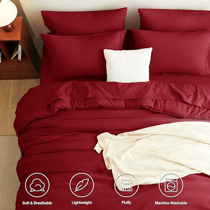 CozyLux King Size Comforter Set Dark Red, 7 Pieces Bed in a Bag King Comforter - Image 2
