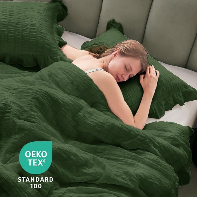 JOLLYVOGUE Dark Green Queen Comforter Set, 3 Pieces Seersucker Comforters Queen - Image 9
