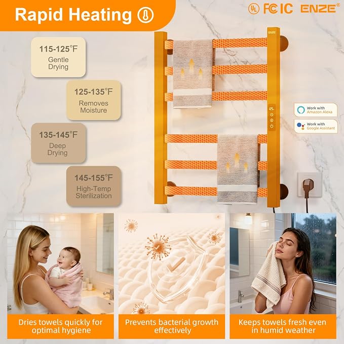 ENZE Smart Heated Towel Rack, 6-Bar Wall-Mounted Electric Towel Warmer 150W - Image 3