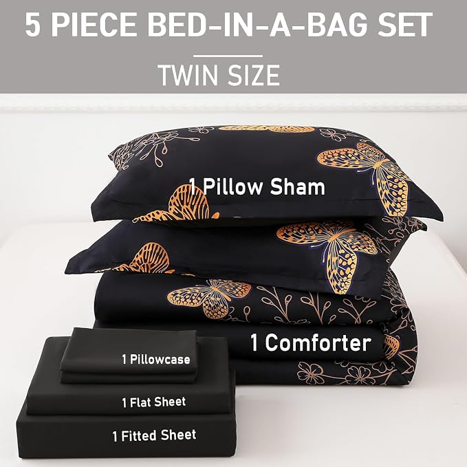 Yogeneg 5 Piece Bed in a Bag Twin Size Comforter Set Black Bedding Set - Image 6