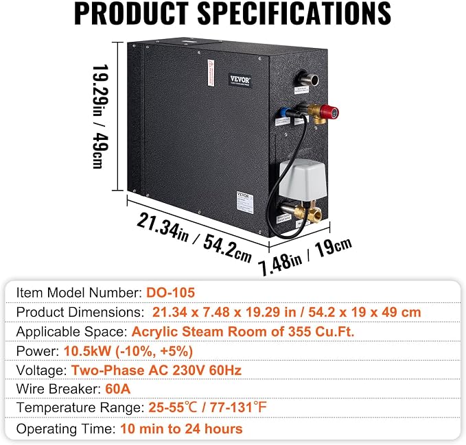 VEVOR Steam Shower Generator, 10.5 kW, Segmented Heating System - Image 7