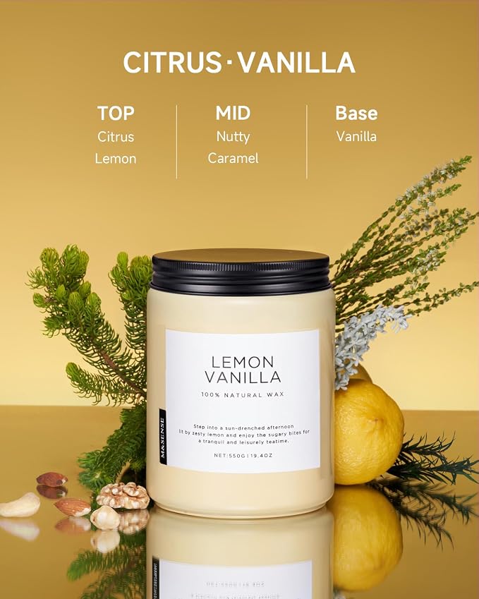 M&SENSE Lemon Vanilla Scented Candles, 19.4oz Organic Soy Wax, 110 Hours Long - Image 2