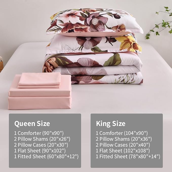 Luxudecor Floral Comforter Set Queen Size 7 Piece, Blush Flower Bed in a Bag - Image 7