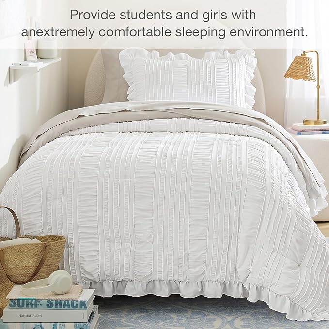 WONGS BEDDING White Comforter Set Twin, 3 Pieces Ruffle Shabby Chic Comforter - Image 5