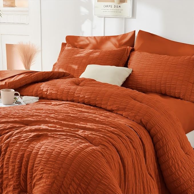 HYMOKEGE Burnt Orange Duvet Cover King Size, Ultra Soft 3-Piece Seersucker - Image 4