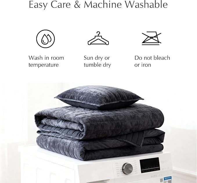 WRENSONGE Velvet Queen Quilt Set-3 Pieces Blue Grey Luxurious Velvet Striped - Image 9