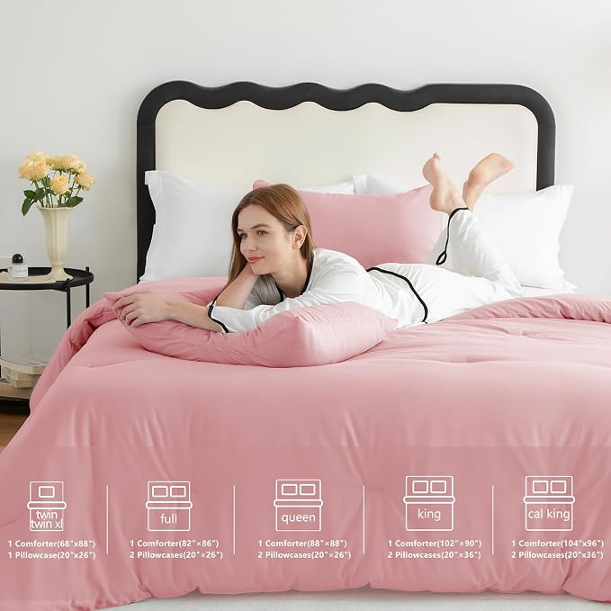 CozyLux Queen Comforter Set Pink, 3 Pieces Solid Comforters Queen Size - Image 7
