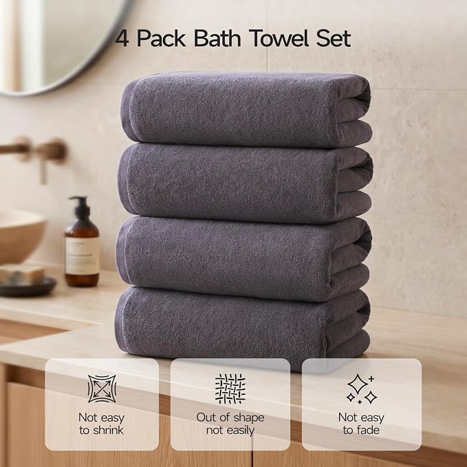 ecolook Bath Towels Set of 4, 100% Cotton, 27 x 55 Inches, Quick-Drying & - Image 4